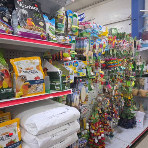 A pet store aisle is filled with colorful bird supplies. Shelves display various bird foods, toys, and accessories, creating a vibrant, organized scene.