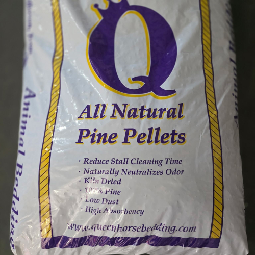 Bag of pine pellets with a large purple 