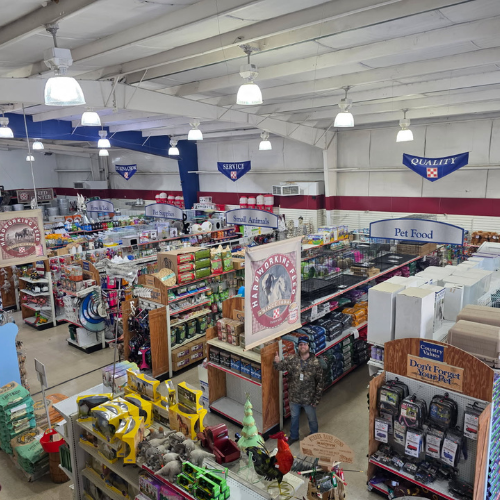 A bustling pet supply store with organized aisles of pet food, toys, and accessories. Banners reading 