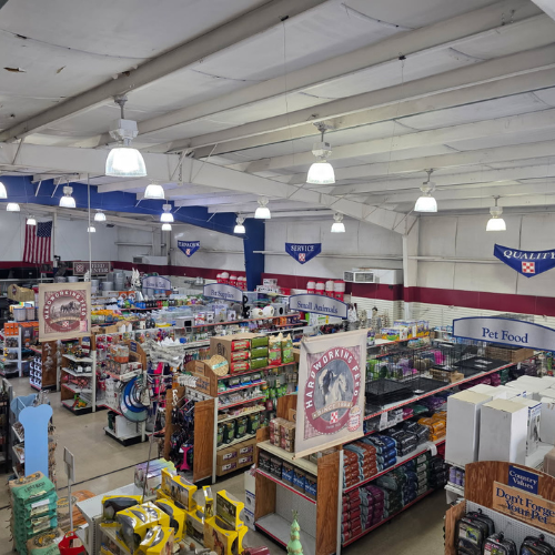 Aerial view of a large, well-lit pet supply store. Aisles are filled with products like pet food and accessories. American flag and signs hang overhead.